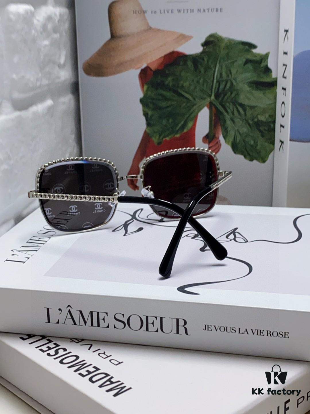 Chanel 2025 New Arrival Women's Sunglasses, Classic Tweed Style Brown UV-Protective Designer Shades with Chain Detail