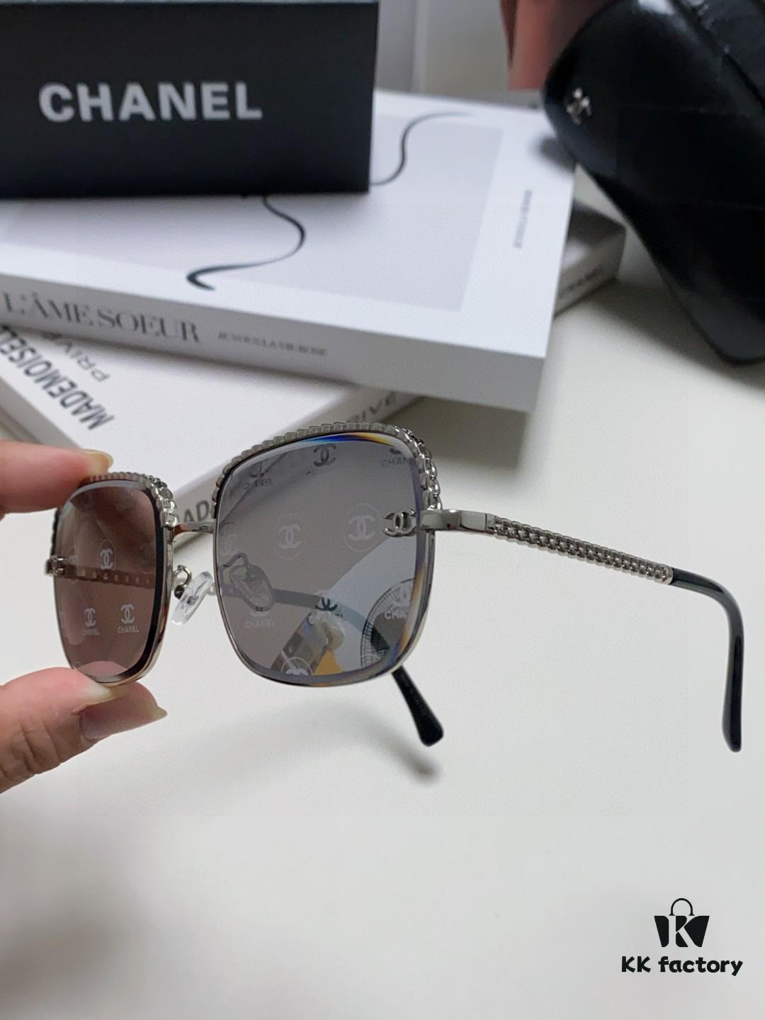 Chanel 2025 New Arrival Women's Sunglasses, Classic Tweed Style Brown UV-Protective Designer Shades with Chain Detail