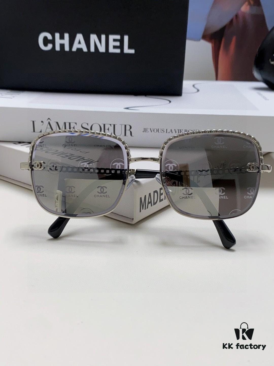 Chanel 2025 New Arrival Women's Sunglasses, Classic Tweed Style Brown UV-Protective Designer Shades with Chain Detail