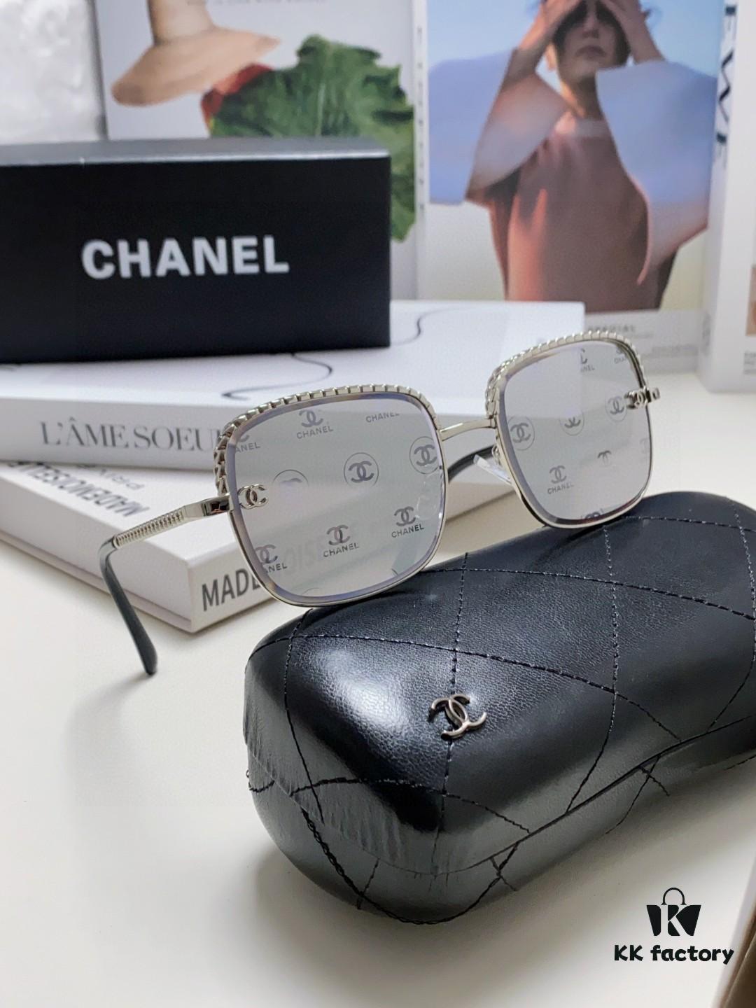 Chanel 2025 New Arrival Women's Sunglasses, Classic Tweed Style Brown UV-Protective Designer Shades with Chain Detail