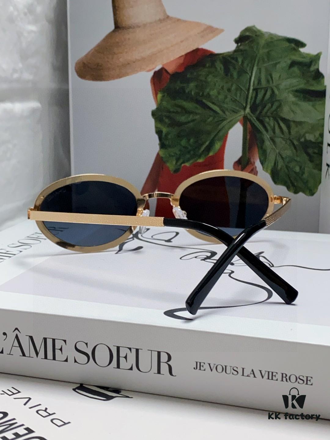 Chanel 2025 New Arrival Women's Oval Sunglasses, French Vintage Style, Flattering for Round Faces, Slim Frame with Sparkling Metal Trim, Elegant European Design