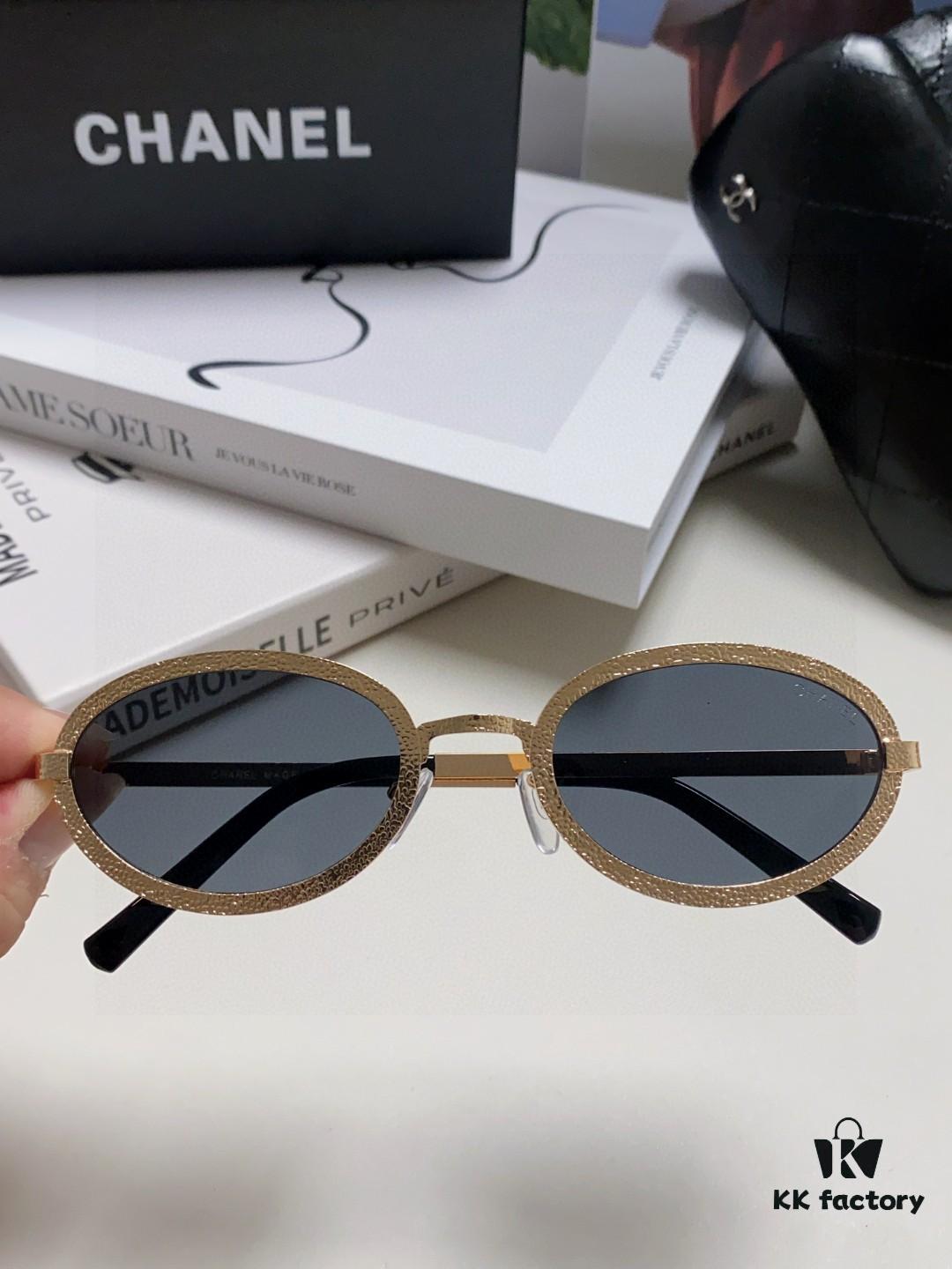 Chanel 2025 New Arrival Women's Oval Sunglasses, French Vintage Style, Flattering for Round Faces, Slim Frame with Sparkling Metal Trim, Elegant European Design