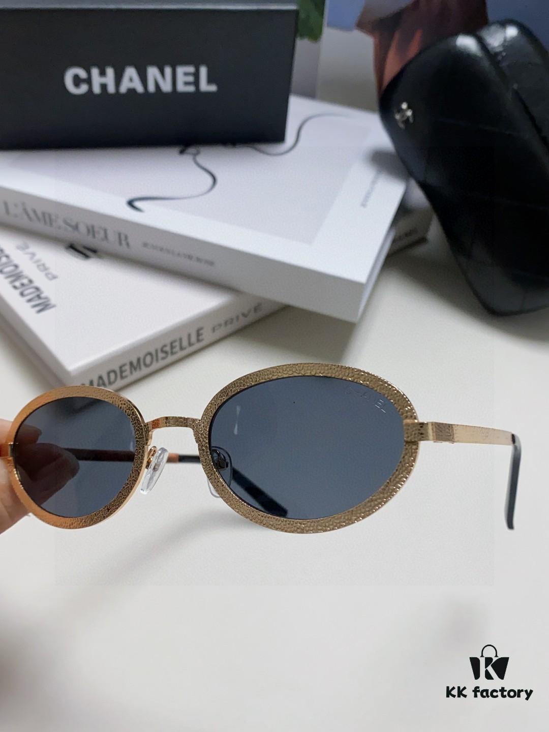 Chanel 2025 New Arrival Women's Oval Sunglasses, French Vintage Style, Flattering for Round Faces, Slim Frame with Sparkling Metal Trim, Elegant European Design