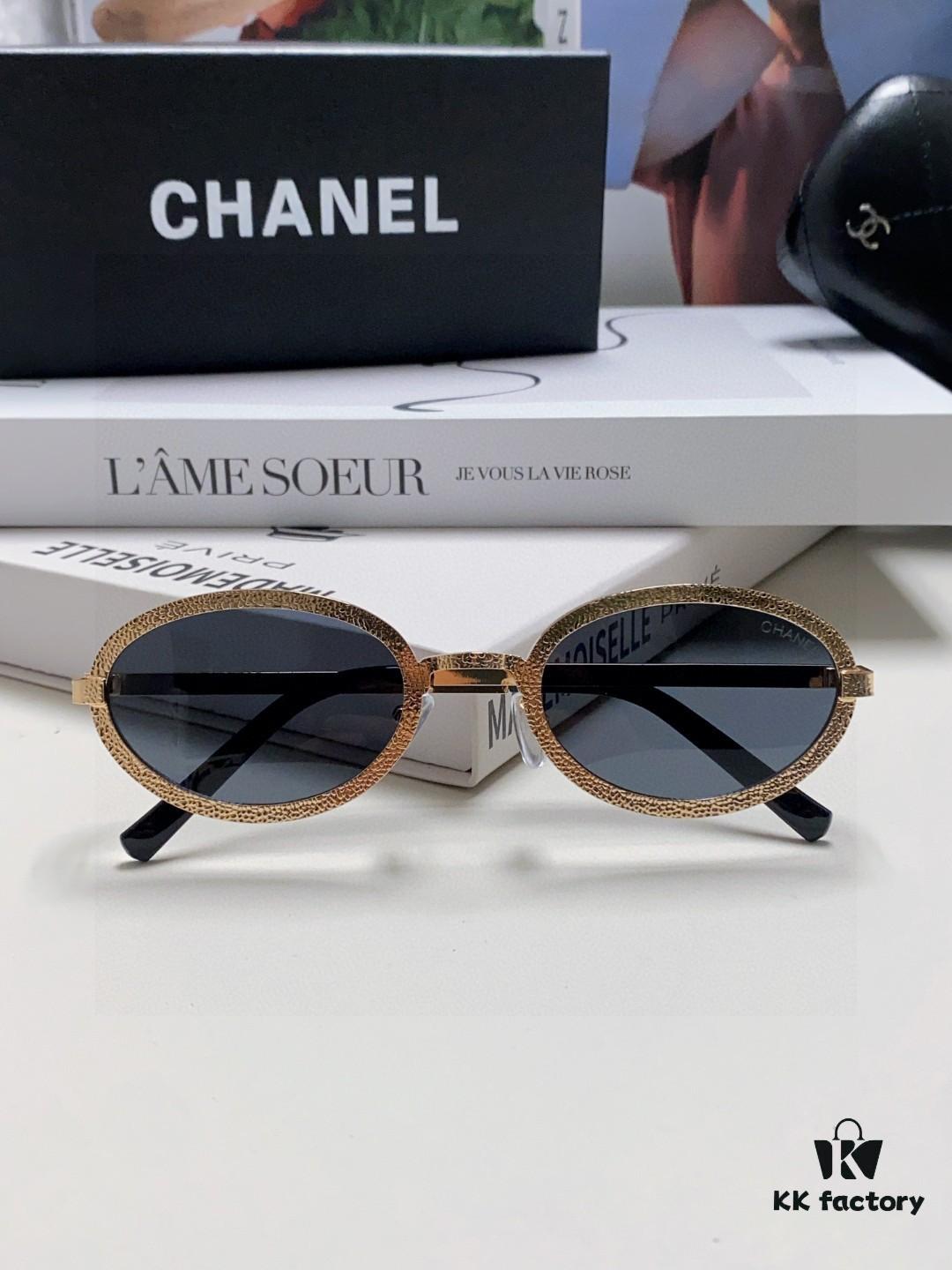 Chanel 2025 New Arrival Women's Oval Sunglasses, French Vintage Style, Flattering for Round Faces, Slim Frame with Sparkling Metal Trim, Elegant European Design