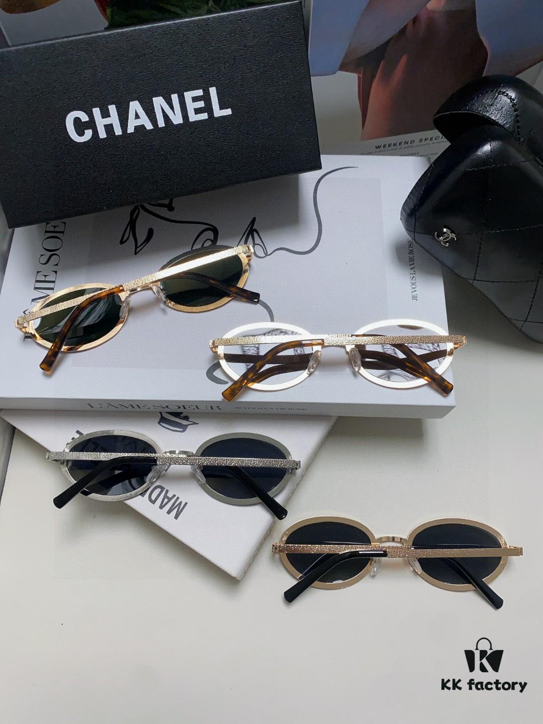 Chanel 2025 New Arrival Women's Oval Sunglasses, French Retro Stylish Design, Slimming Narrow Frame with Sparkling Metal Trim for Round Faces, Elegant European-American Style
