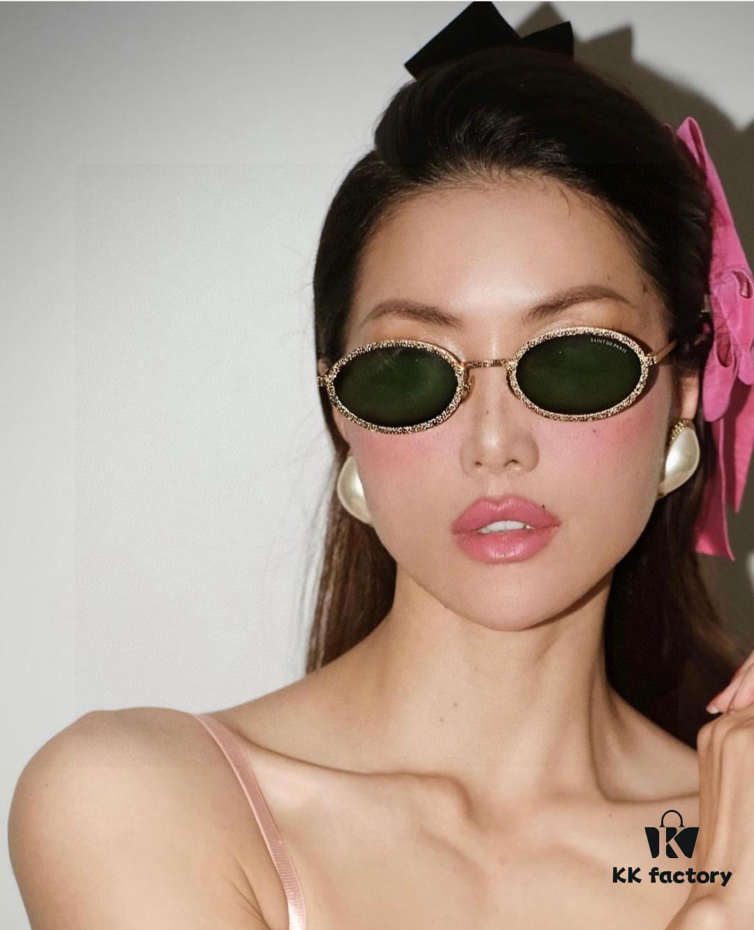 Chanel 2025 New Arrival Women's Oval Vintage French Style Sunglasses for Round Face, Slimming Narrow Frame with Sparkling Metal Trim, High-End Unisex Design