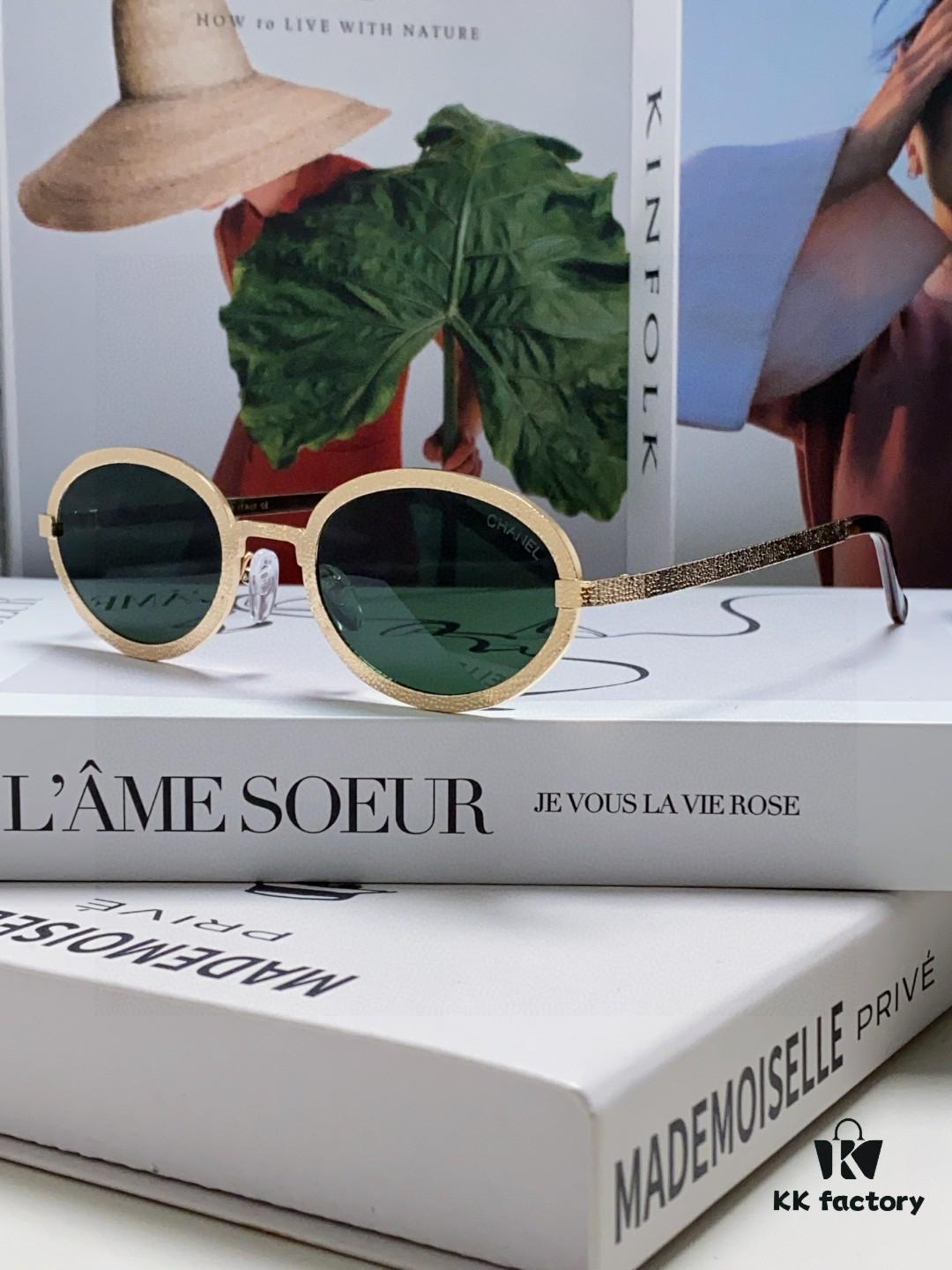 Chanel 2025 New Arrival Women's Oval Vintage French Style Sunglasses for Round Face, Slimming Narrow Frame with Sparkling Metal Trim, High-End Unisex Design