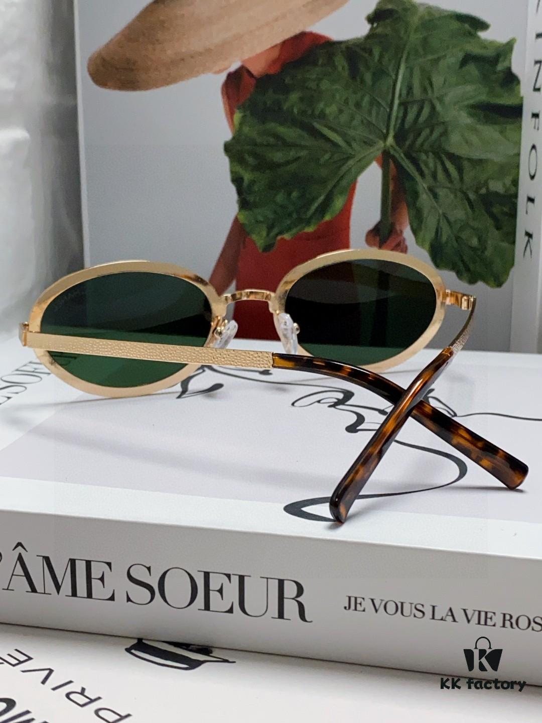 Chanel 2025 New Arrival Women's Oval Vintage French Style Sunglasses for Round Face, Slimming Narrow Frame with Sparkling Metal Trim, High-End Unisex Design