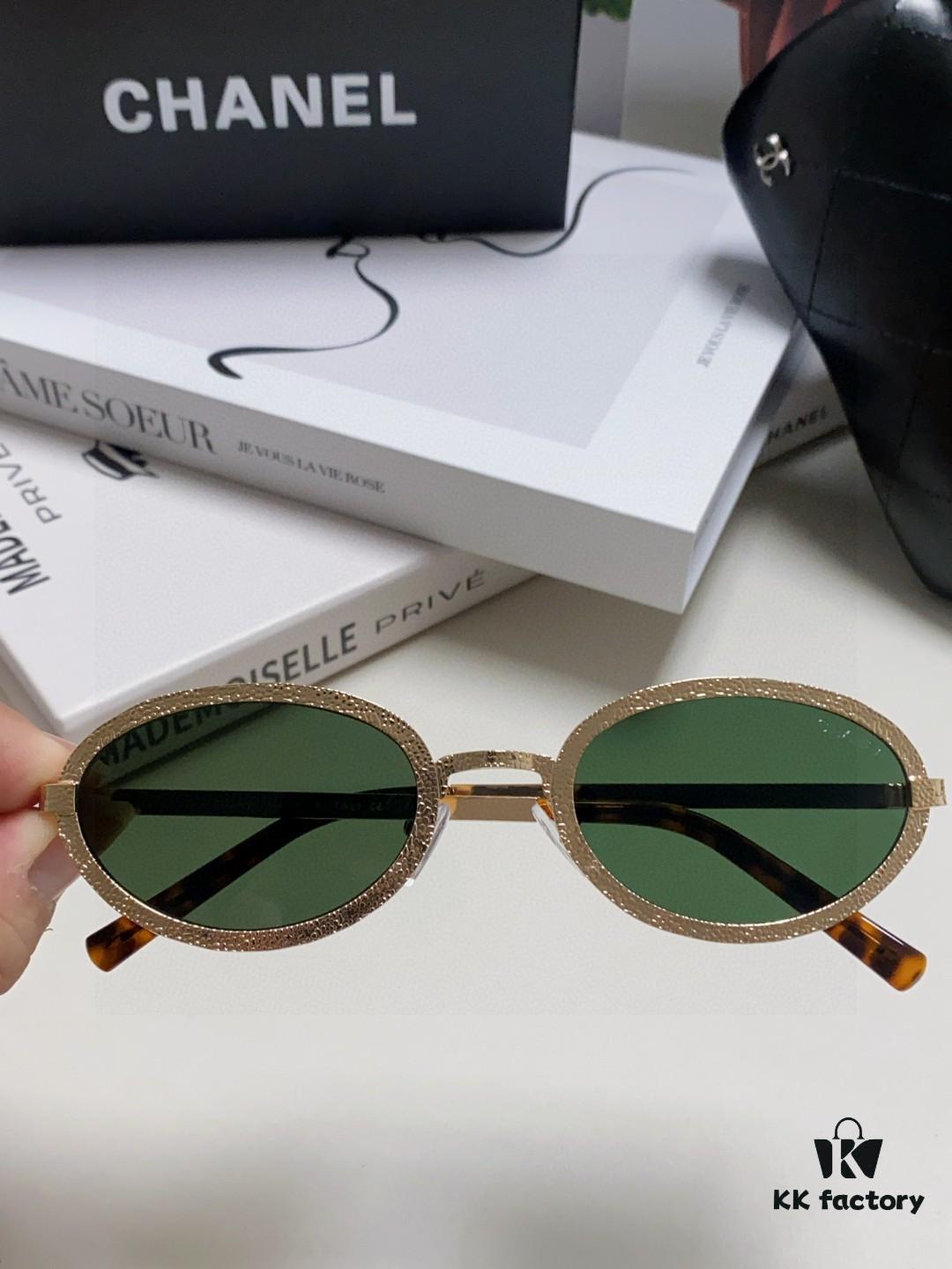 Chanel 2025 New Arrival Women's Oval Vintage French Style Sunglasses for Round Face, Slimming Narrow Frame with Sparkling Metal Trim, High-End Unisex Design