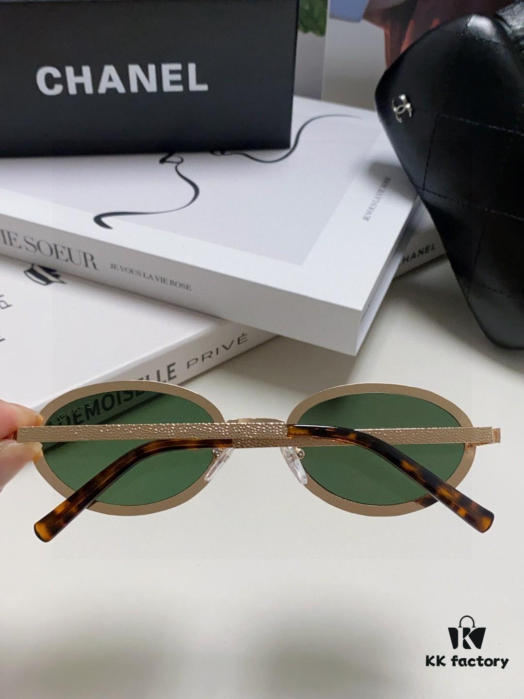 Chanel 2025 New Arrival Women's Oval Vintage French Style Sunglasses for Round Face, Slimming Narrow Frame with Sparkling Metal Trim, High-End Unisex Design