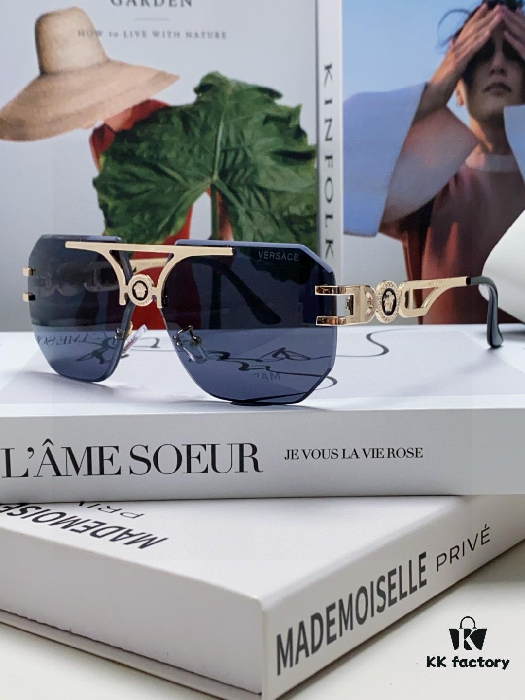 VERSACE 2025 Women's Square Frame Oversized Sunglasses, European Fashion Style, Carved Design, Xiaohongshu Trend