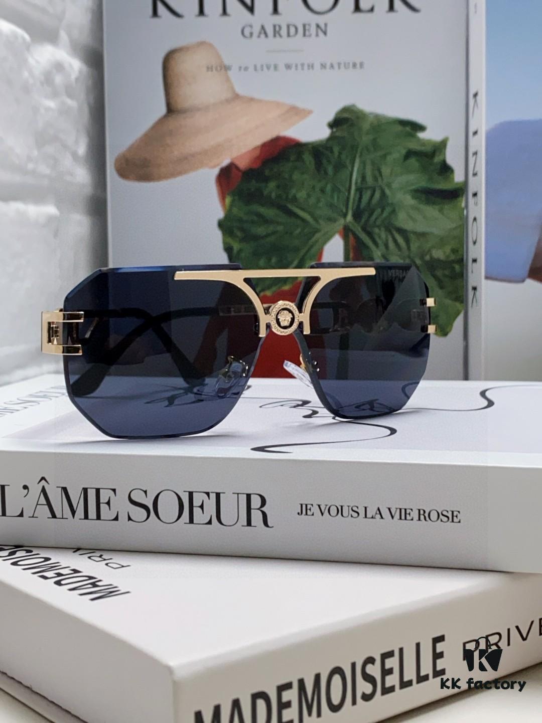 VERSACE 2025 Women's Square Frame Oversized Sunglasses, European Fashion Style, Carved Design, Xiaohongshu Trend