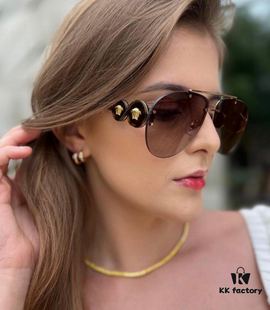 Versace 2025 Luxury Women's Pilot Engraved Sunglasses, European Style Star Same-style Travel Driving Frog Mirror VE2250 Eyewear