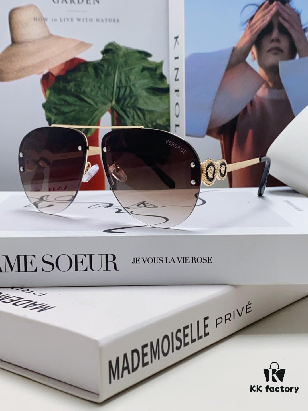 Versace 2025 Luxury Women's Pilot Engraved Sunglasses, European Style Star Same-style Travel Driving Frog Mirror VE2250 Eyewear