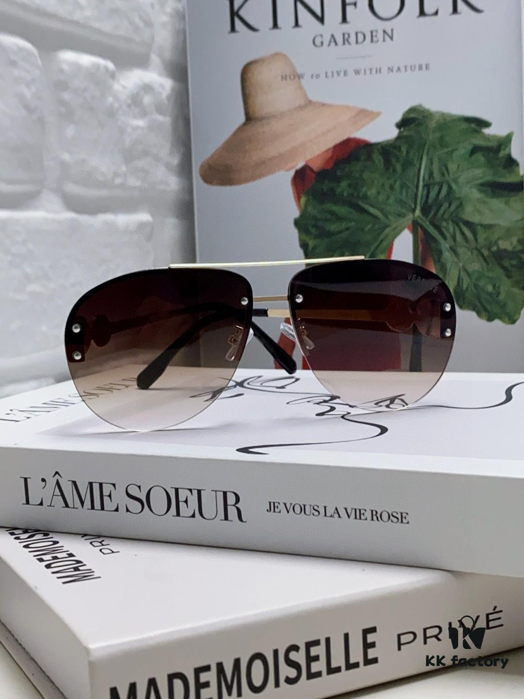 Versace 2025 Luxury Women's Pilot Engraved Sunglasses, European Style Star Same-style Travel Driving Frog Mirror VE2250 Eyewear