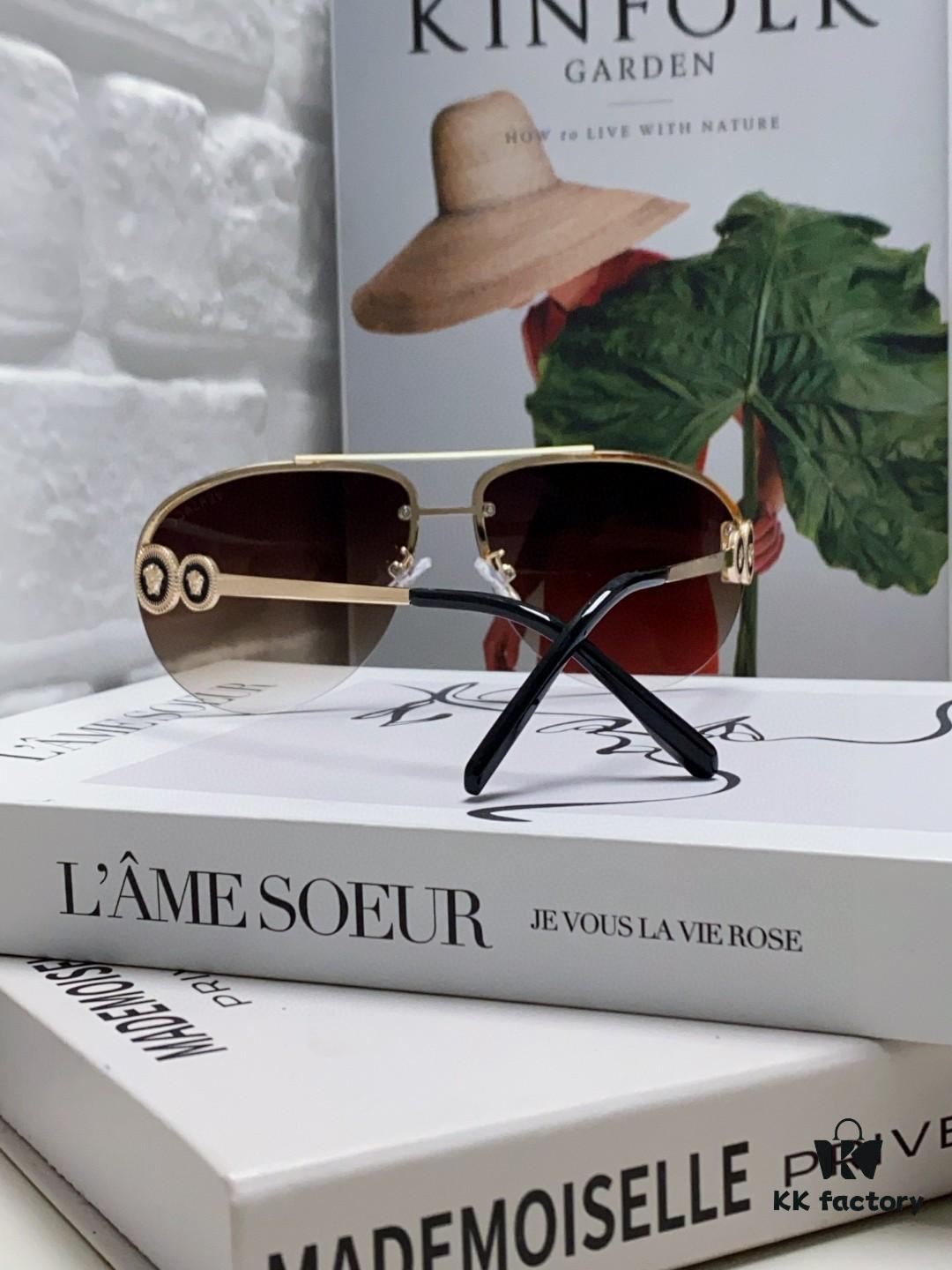 Versace 2025 Luxury Women's Pilot Engraved Sunglasses, European Style Star Same-style Travel Driving Frog Mirror VE2250 Eyewear