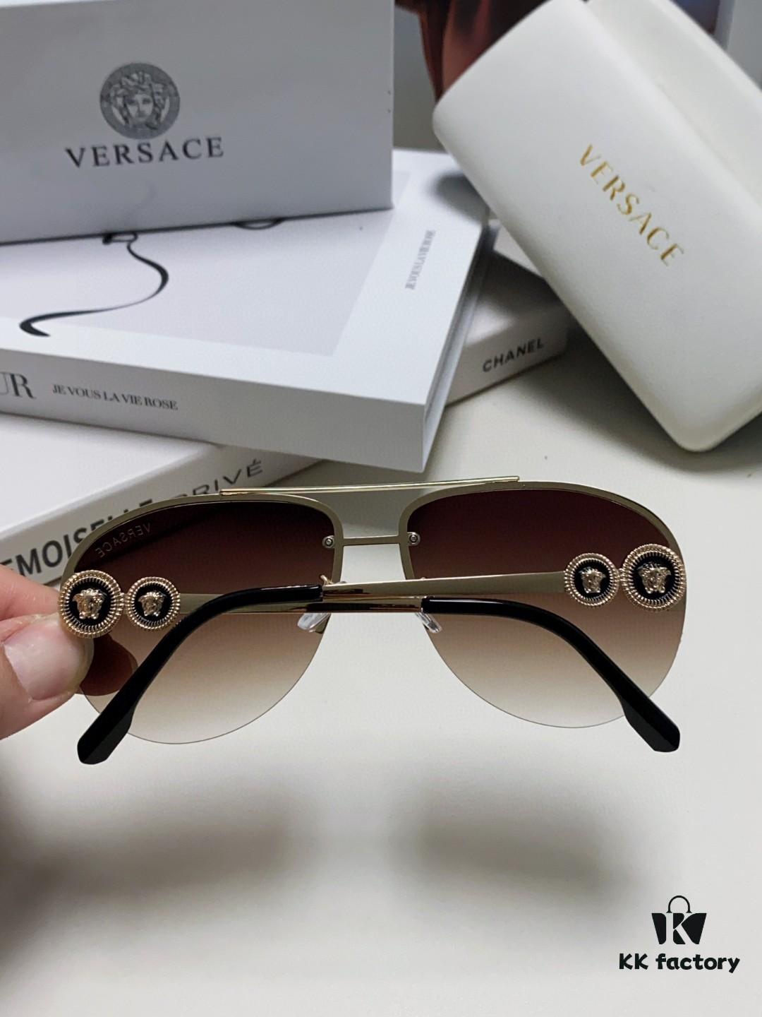 Versace 2025 Luxury Women's Pilot Engraved Sunglasses, European Style Star Same-style Travel Driving Frog Mirror VE2250 Eyewear