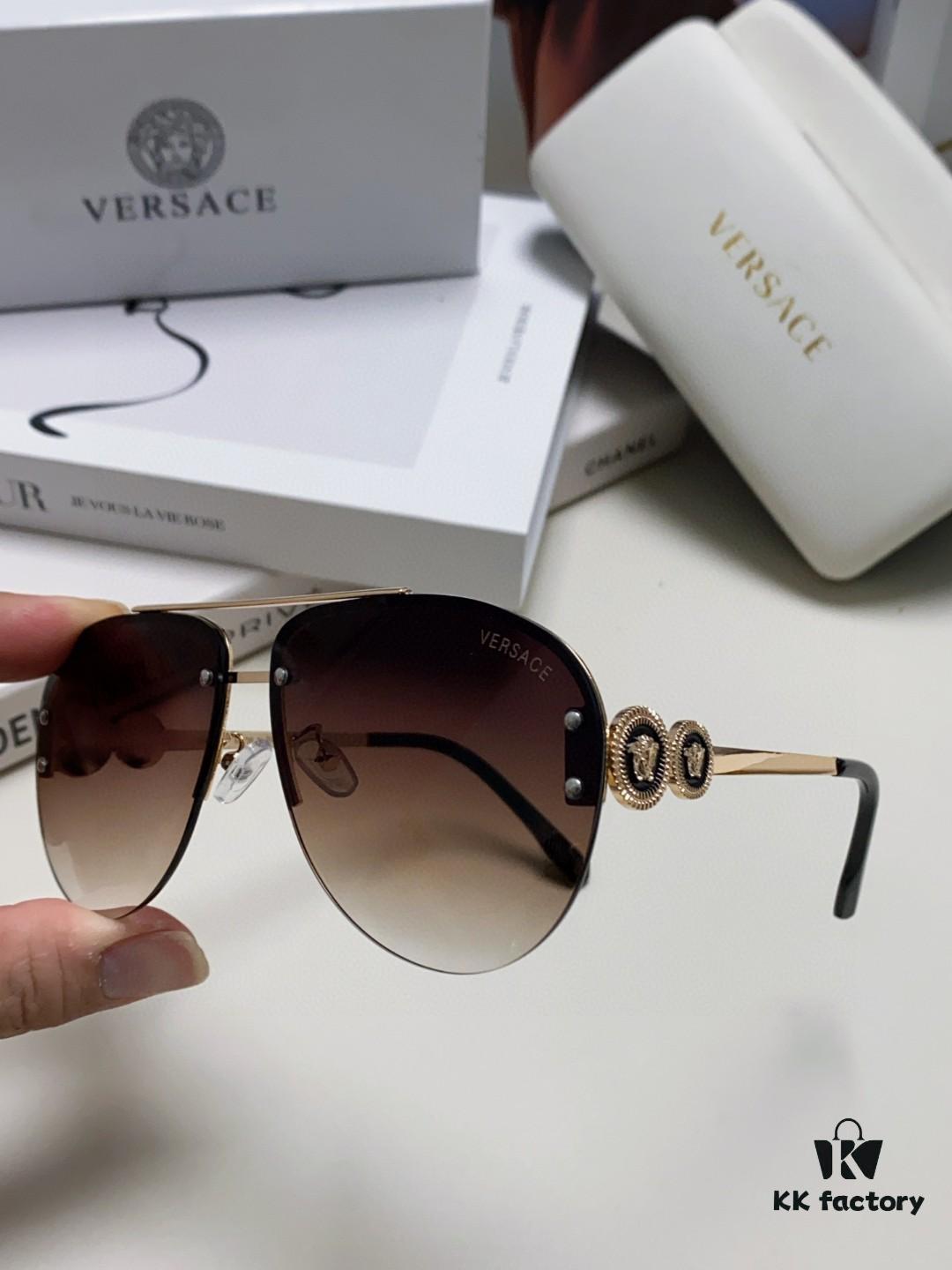 Versace 2025 Luxury Women's Pilot Engraved Sunglasses, European Style Star Same-style Travel Driving Frog Mirror VE2250 Eyewear