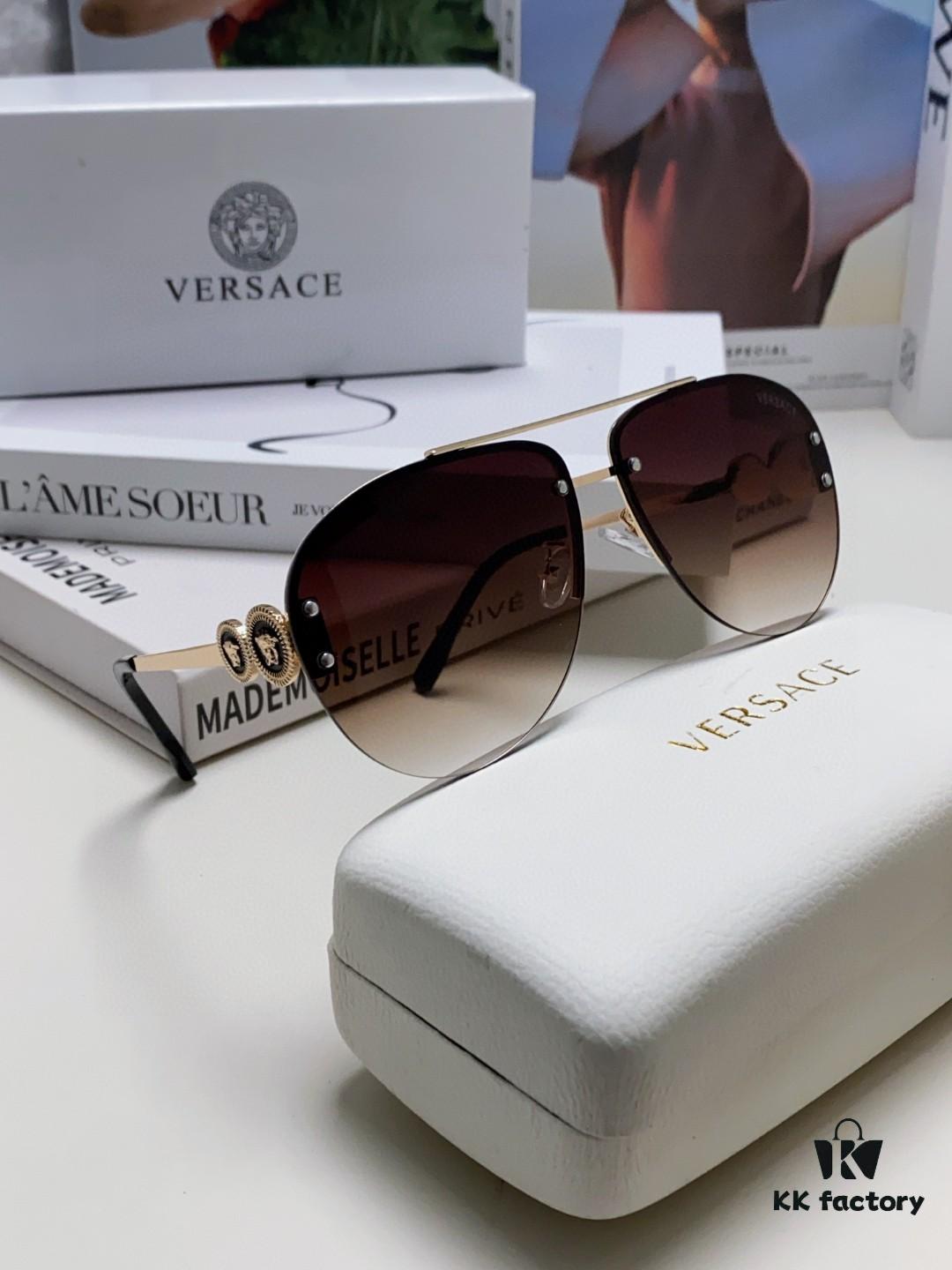 Versace 2025 Luxury Women's Pilot Engraved Sunglasses, European Style Star Same-style Travel Driving Frog Mirror VE2250 Eyewear
