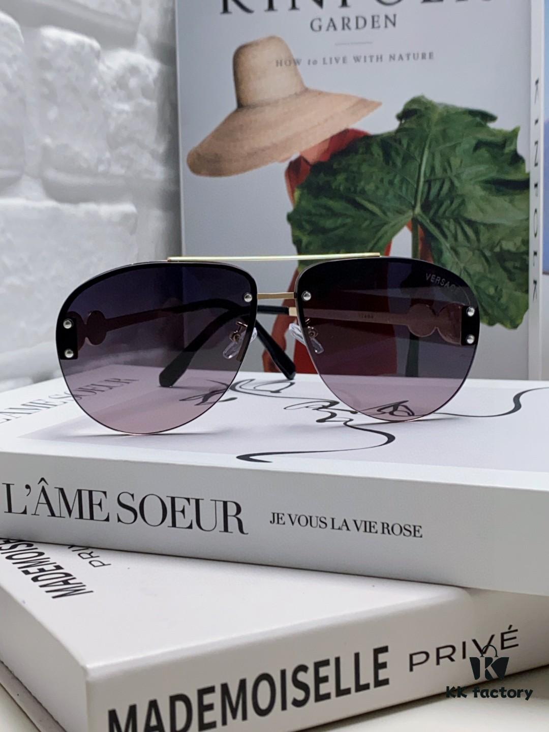 Versace 2025 Luxury Women's Pilot Engraved Sunglasses European Style Celebrity-Inspired Travel Driving Aviator Shades VE2250