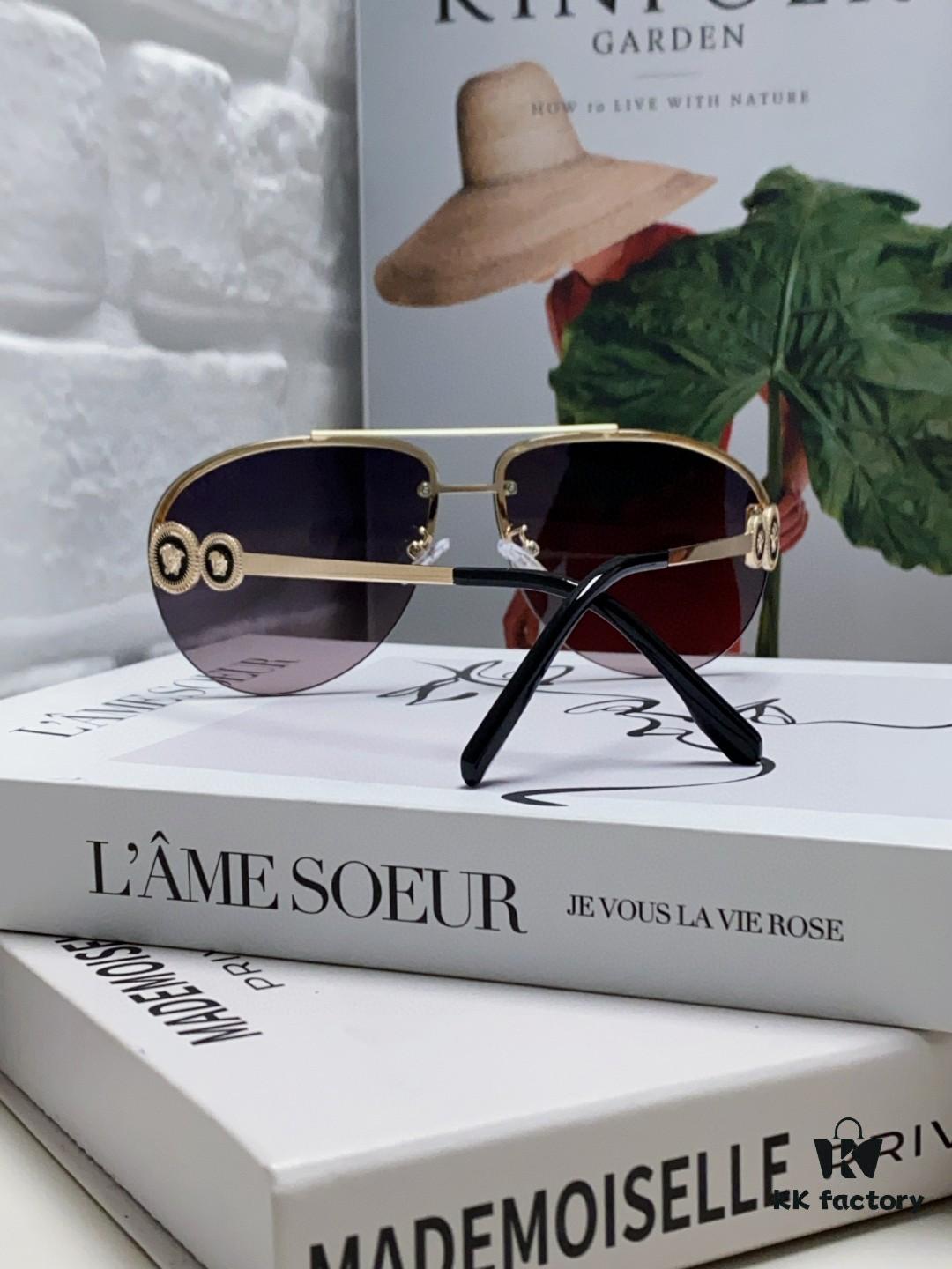 Versace 2025 Luxury Women's Pilot Engraved Sunglasses European Style Celebrity-Inspired Travel Driving Aviator Shades VE2250