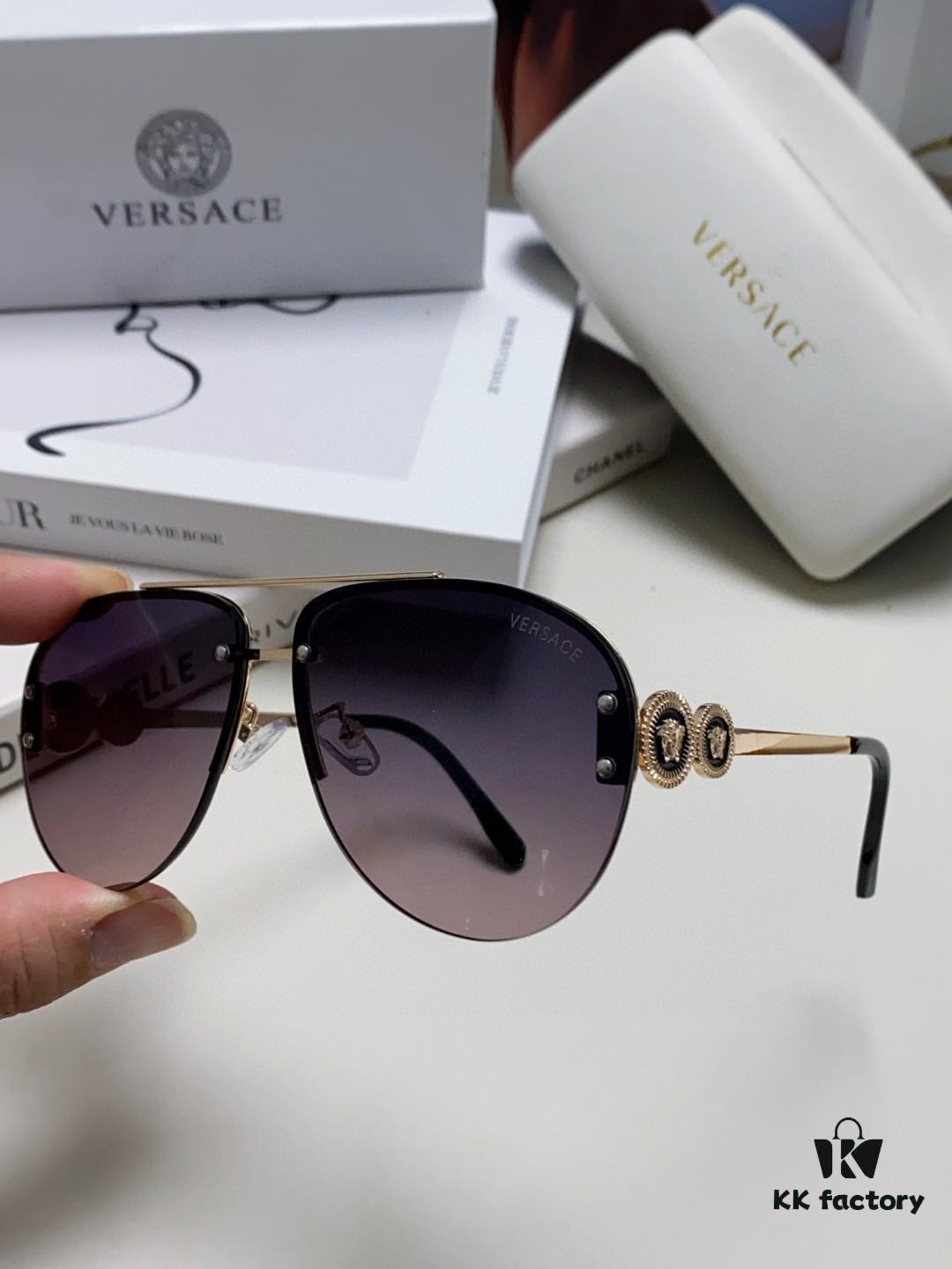 Versace 2025 Luxury Women's Pilot Engraved Sunglasses European Style Celebrity-Inspired Travel Driving Aviator Shades VE2250