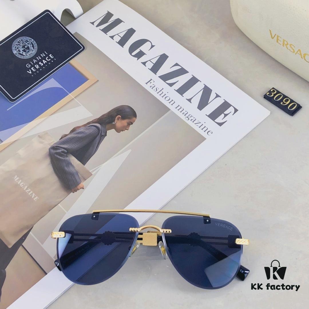 Versace European and American Style Double-Bridge Frameless Sunglasses, INS High-End Fashionable Influencer Street Snap Frog Sunglasses