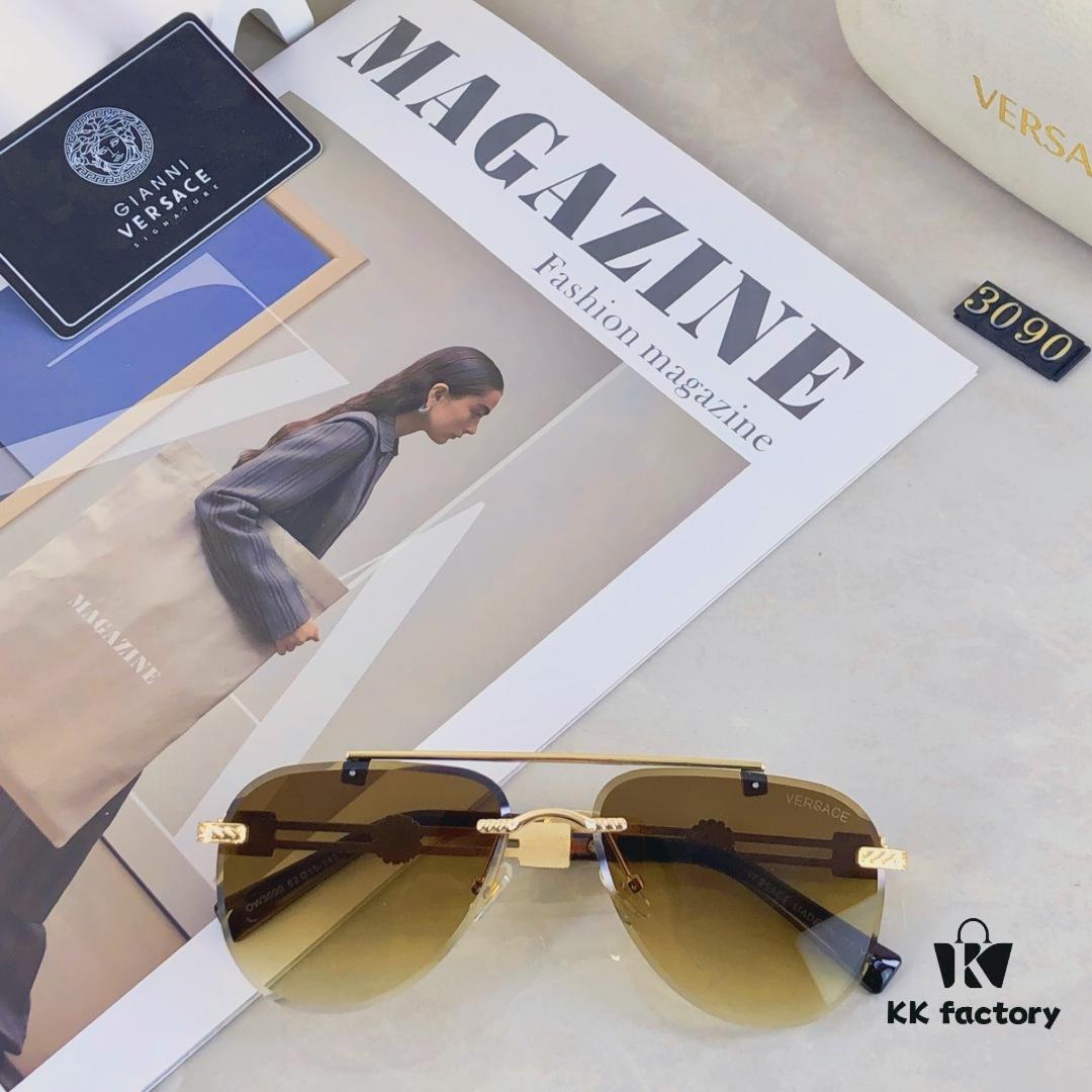 Versace European and American Style Double-Bridge Frameless Sunglasses, INS High-End Fashionable Influencer Street Snap Frog Sunglasses