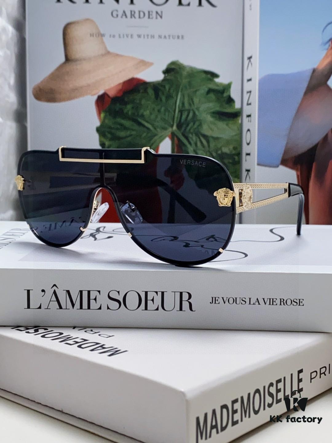 Versace 2024 New Trendy Oversized Letter Sunglasses for Women, UV-Protective One-Piece Logo Lens, Unisex Stylish Sunglasses