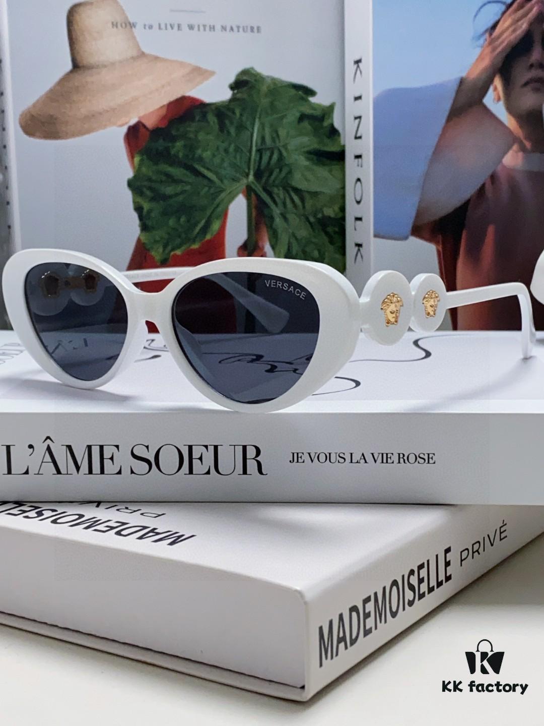 Versace Oval Cat-Eye Sunglasses VE4433, Fashionable Unisex Design, Stylish Summer Travel Sunglasses with Gold Frame