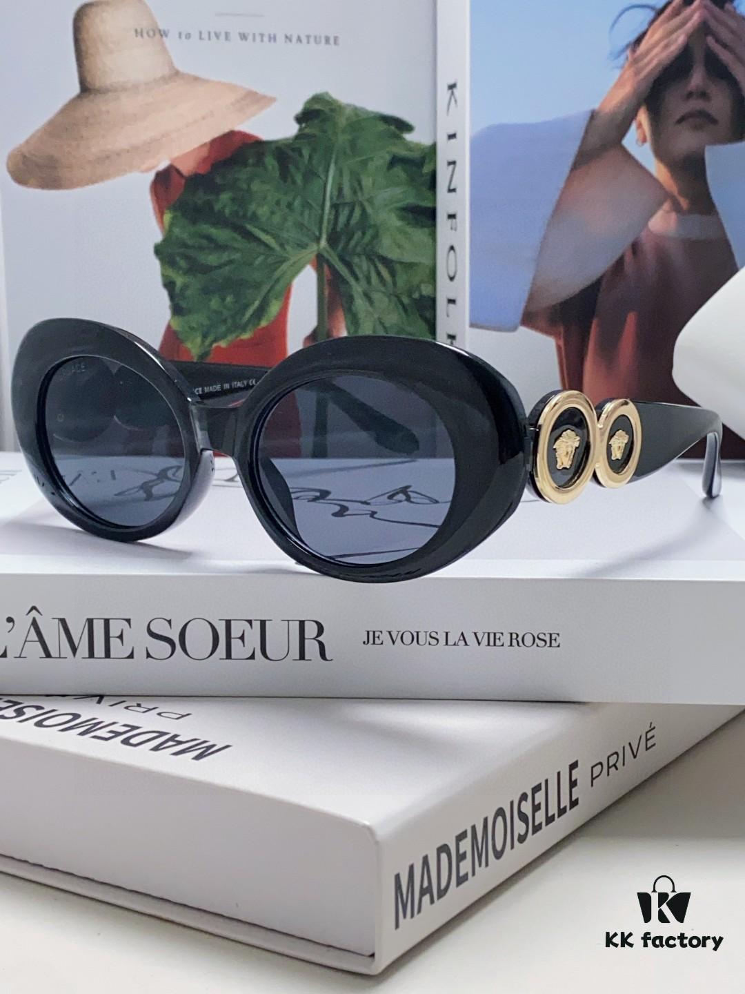 VERSACE Versace 2024 Latest Model C Unisex European and American Style High-End Round Frame Retro Casual Sunglasses, Celebrity-Inspired Carved Sun Protection Shades