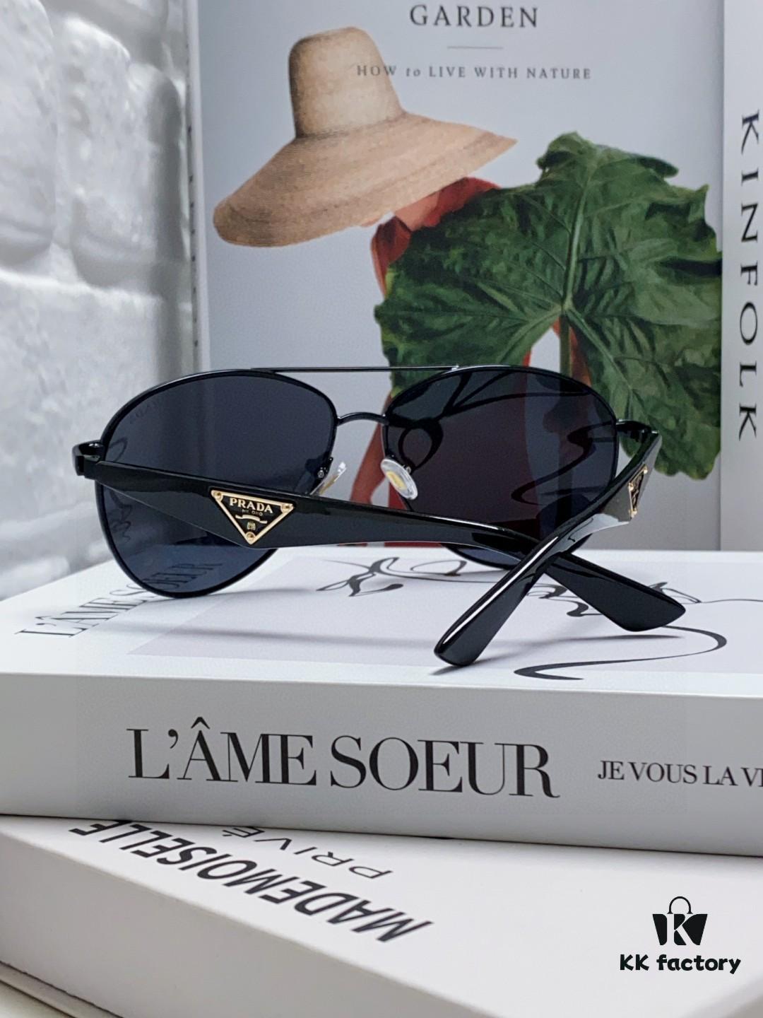 Prada 2024 New Polarized Sunglasses with Print Double-Bridge Aviator Classic Frog Eye Sunglasses for Driving, UV and Blue Light Protection, Unisex Sun Glasses