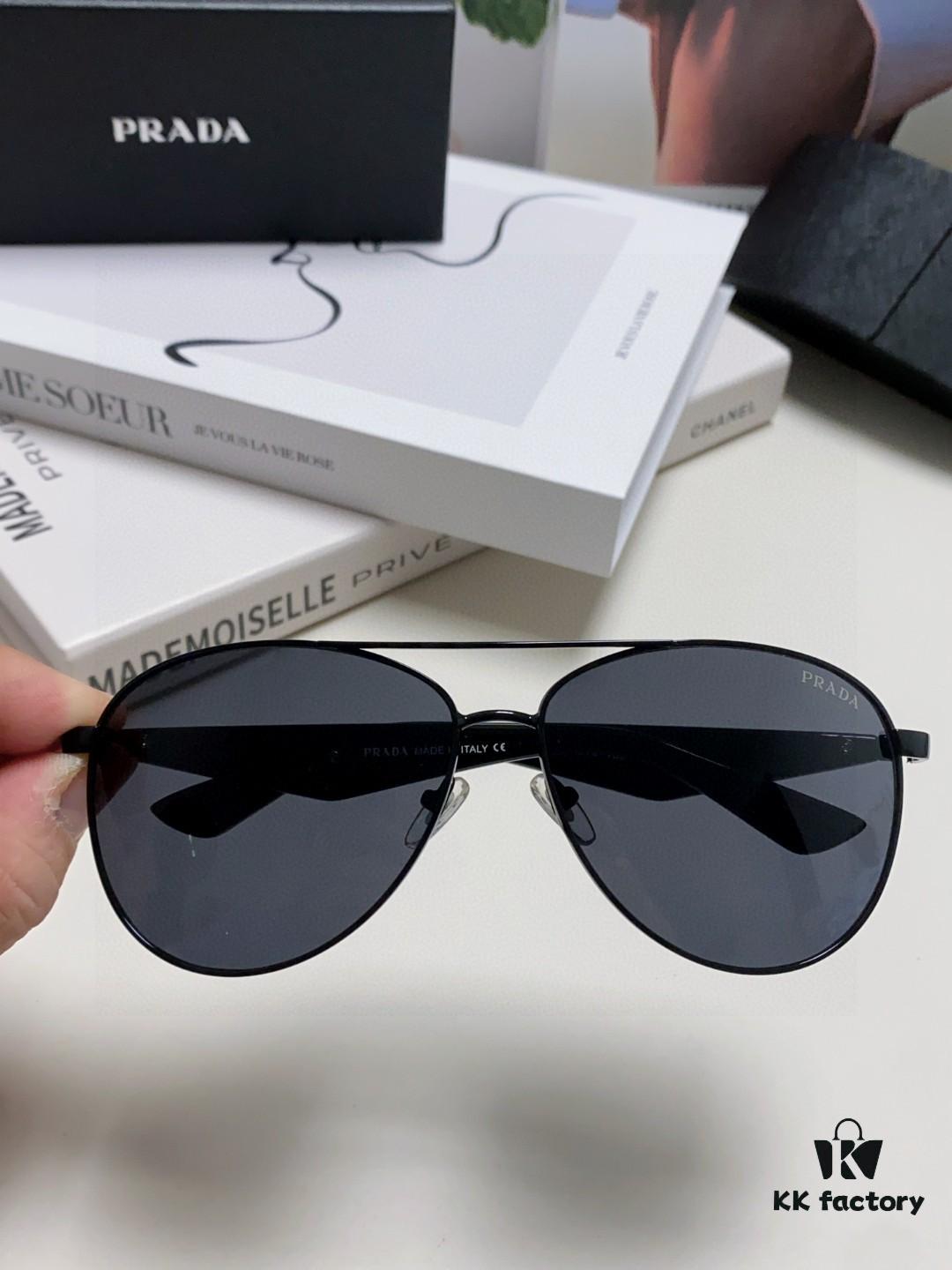 Prada 2024 New Polarized Sunglasses with Print Double-Bridge Aviator Classic Frog Eye Sunglasses for Driving, UV and Blue Light Protection, Unisex Sun Glasses