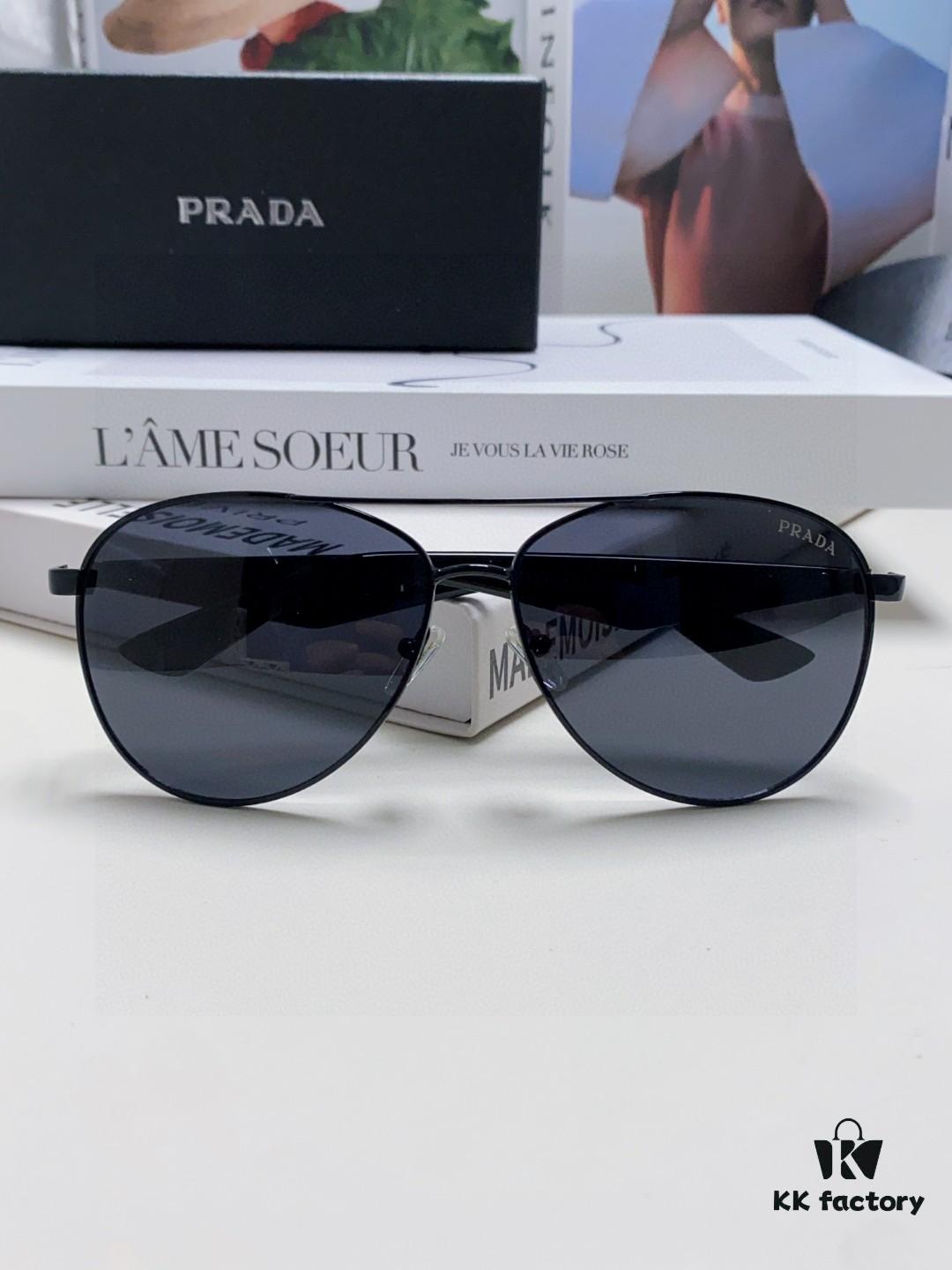 Prada 2024 New Polarized Sunglasses with Print Double-Bridge Aviator Classic Frog Eye Sunglasses for Driving, UV and Blue Light Protection, Unisex Sun Glasses