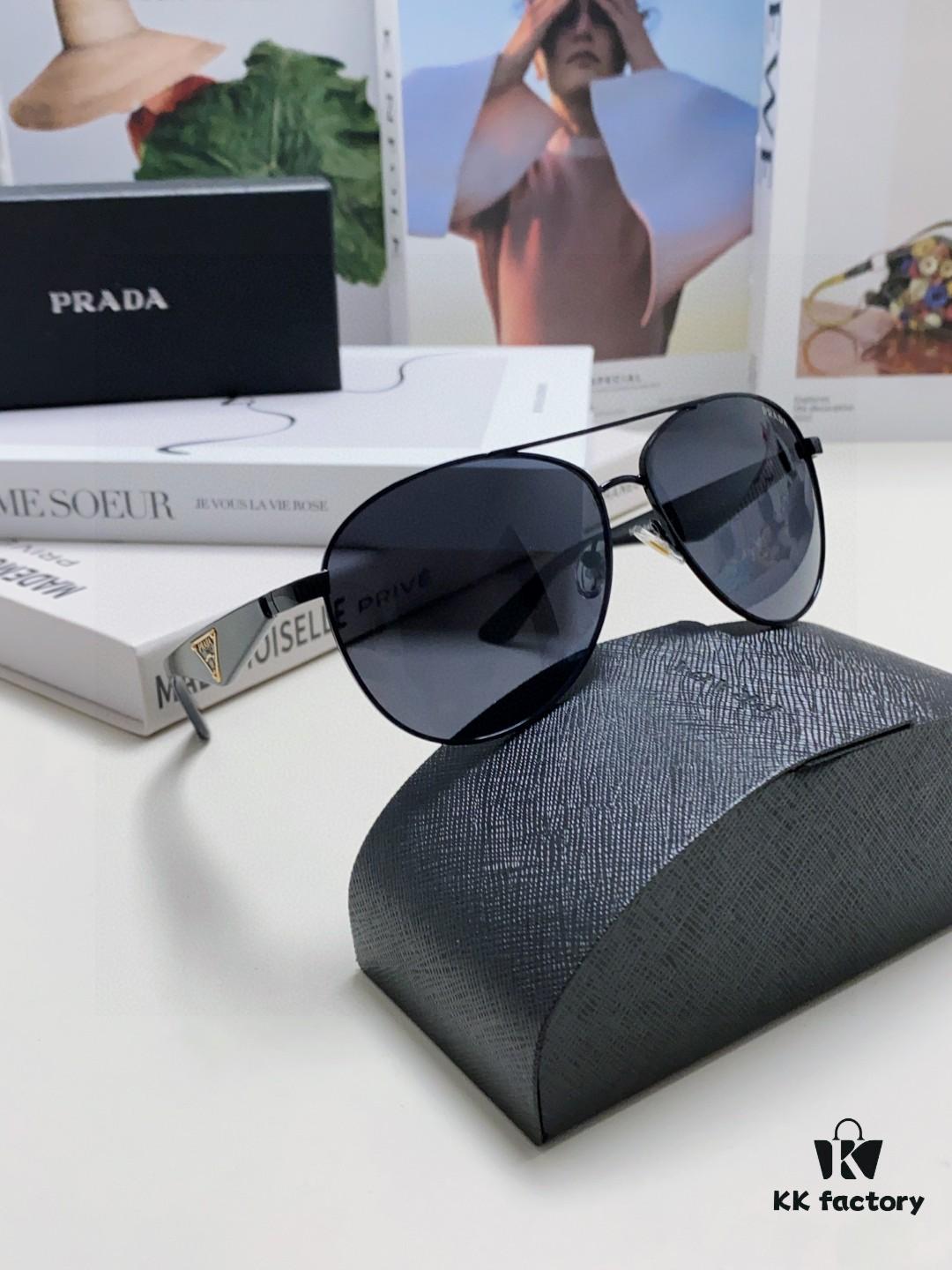 Prada 2024 New Polarized Sunglasses with Print Double-Bridge Aviator Classic Frog Eye Sunglasses for Driving, UV and Blue Light Protection, Unisex Sun Glasses