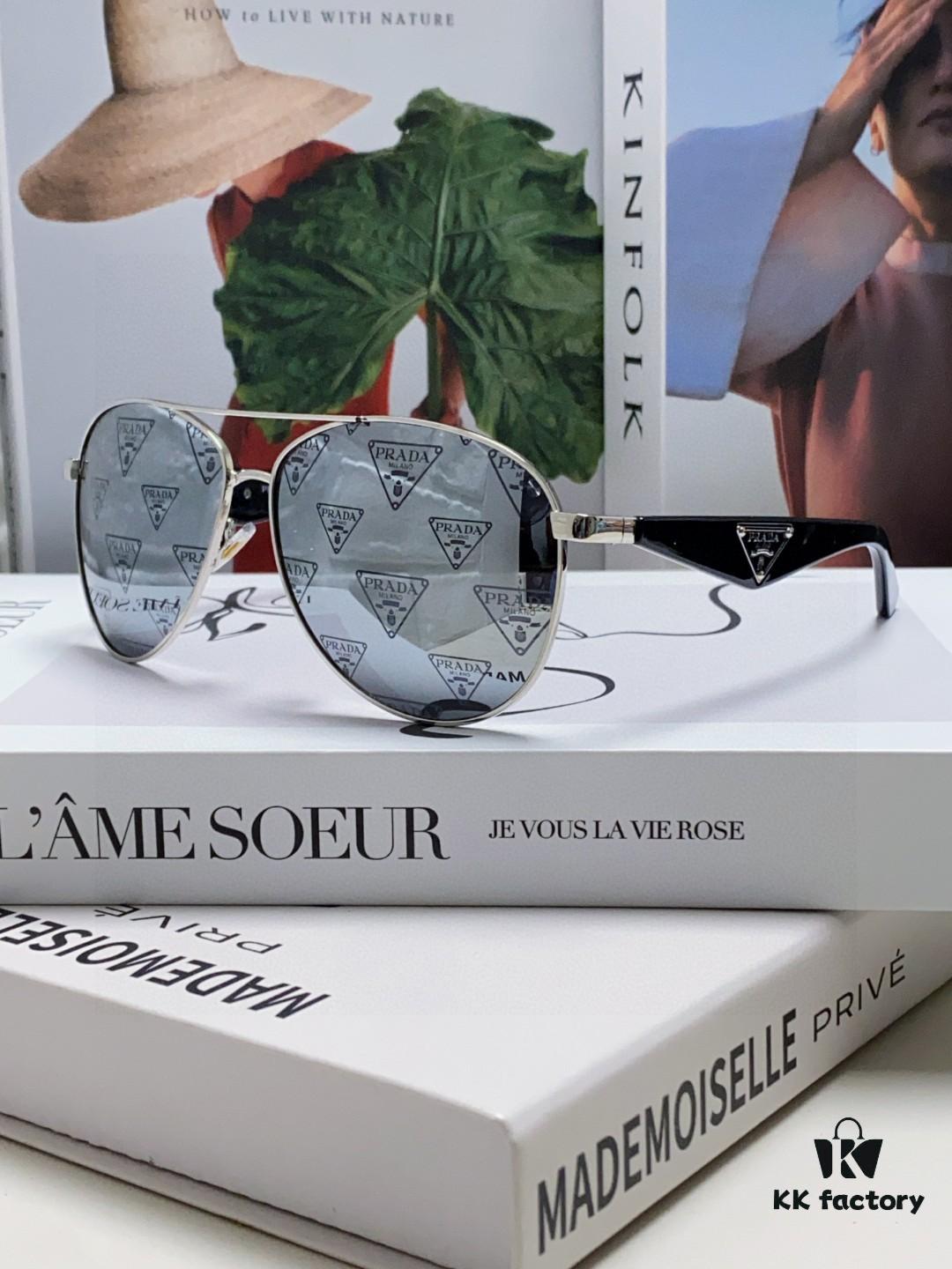 Prada 2024 New Polarized Print Double-Bridge Sunglasses Classic Aviator Style Unisex UV and Blue Light Protection Driving Sunglasses