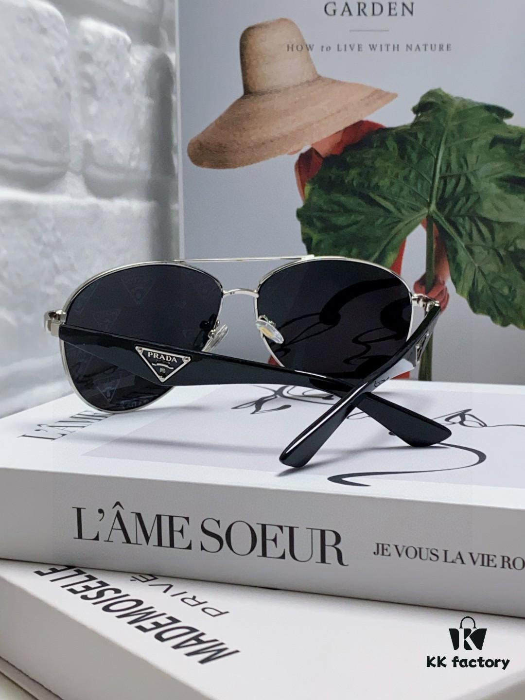 Prada 2024 New Polarized Print Double-Bridge Sunglasses Classic Aviator Style Unisex UV and Blue Light Protection Driving Sunglasses