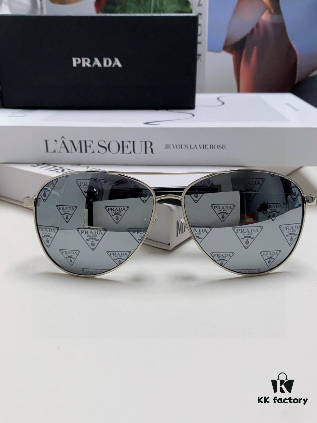 Prada 2024 New Polarized Print Double-Bridge Sunglasses Classic Aviator Style Unisex UV and Blue Light Protection Driving Sunglasses