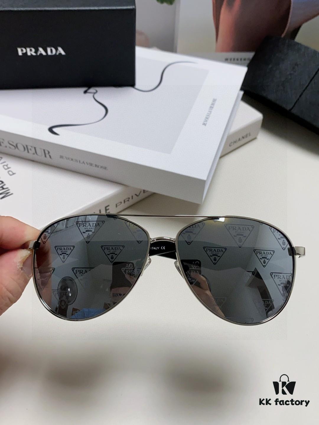 Prada 2024 New Polarized Sunglasses with Print Double Bridge Aviator Classic Frog Eye Sunglasses for Driving, UV and Blue Light Protection, Unisex Pilot Style