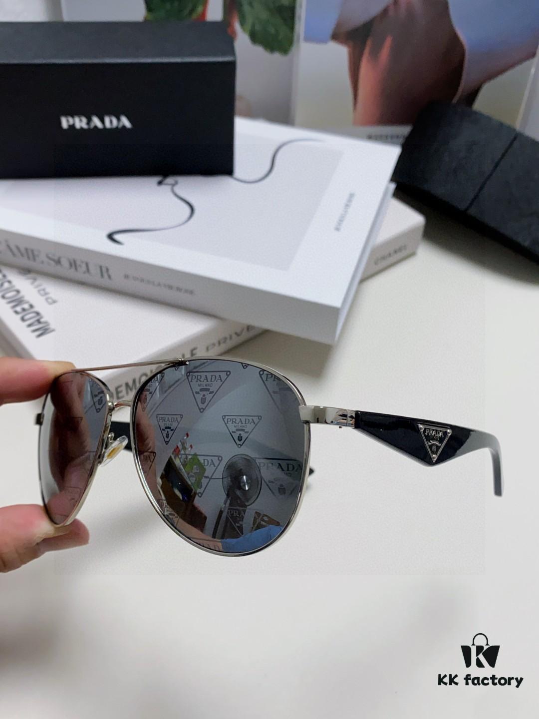 Prada 2024 New Polarized Sunglasses with Print Double Bridge Aviator Classic Frog Eye Sunglasses for Driving, UV and Blue Light Protection, Unisex Pilot Style