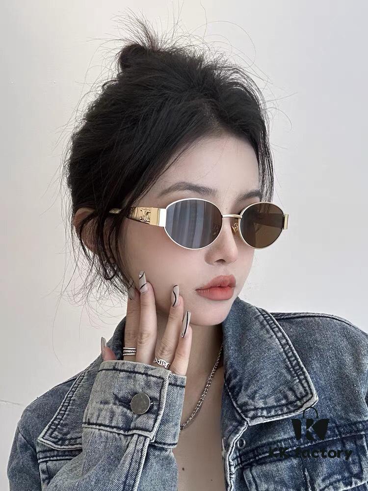 Celine Cat-Eye Sunglasses for Women, 2024 New Arrival, High-End Metal Frame, Small Oval Retro Style, Brown Tinted Sun Glasses