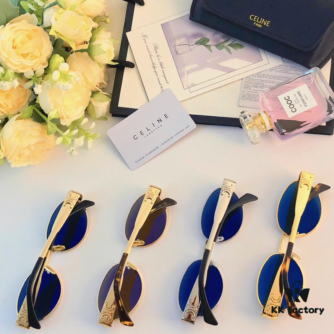 Celine Cat-Eye Sunglasses for Women, 2024 New Arrival, High-End Metal Frame, Small Oval Retro Style, Brown Tinted Sun Glasses