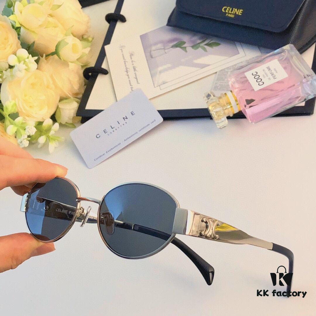 Celine Cat-Eye Sunglasses for Women, 2024 New Arrival, High-End Metal Frame, Small Oval Retro Style, Brown Tinted Sun Glasses