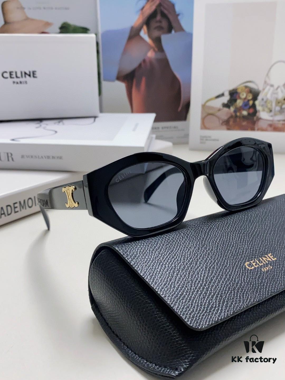 Celine Lisa's Same Style Retro Triumph Arch Sunglasses for Women, New Trendy UV-Proof High-End Slimming Sun Glasses, Black and Gold Eyewear