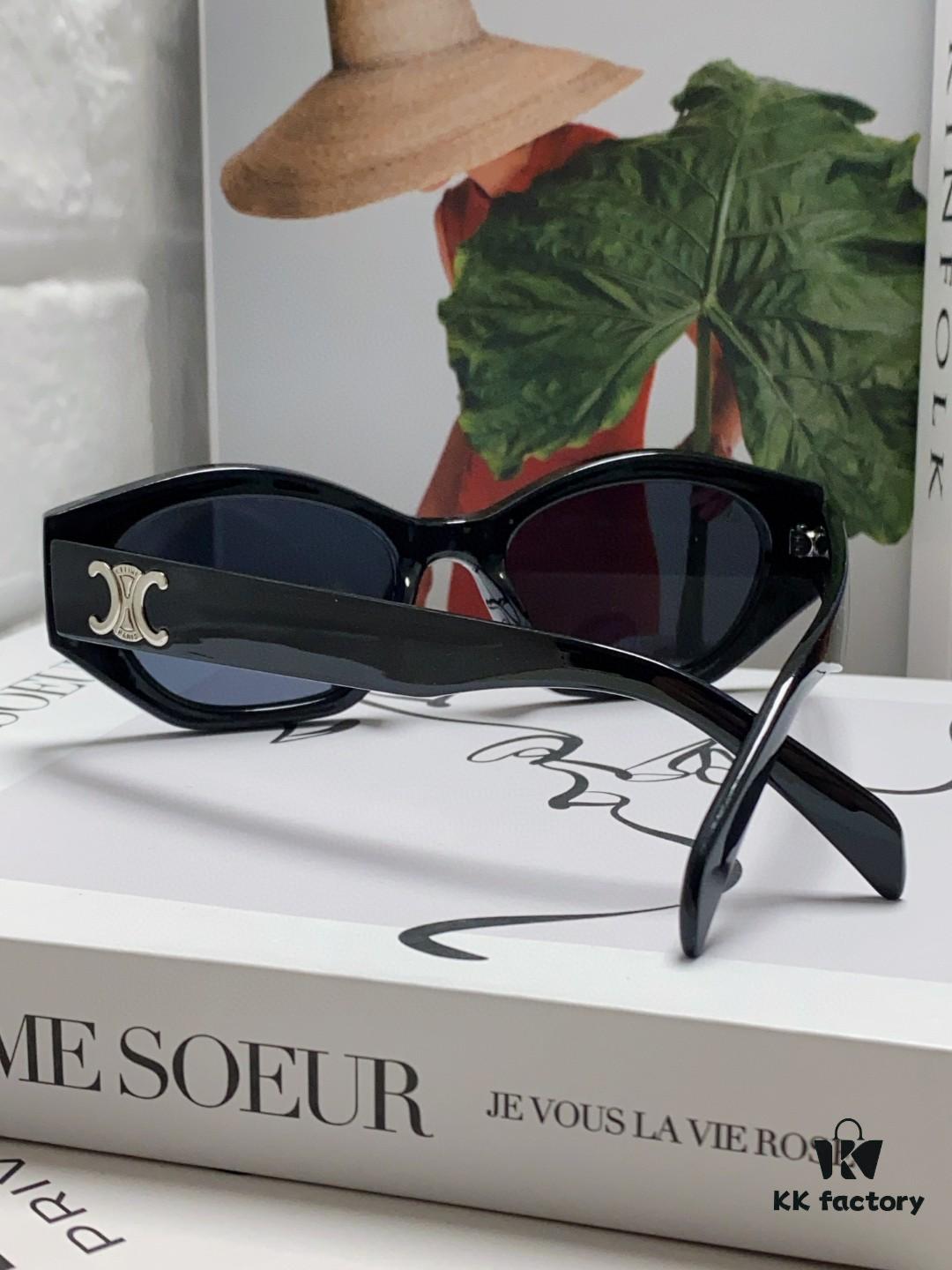 Celine Lisa Same Style Retro Triumph Arch Sunglasses for Women, New Trendy UV-Proof Slimming Luxury Sunglasses, Black and Silver Eyewear