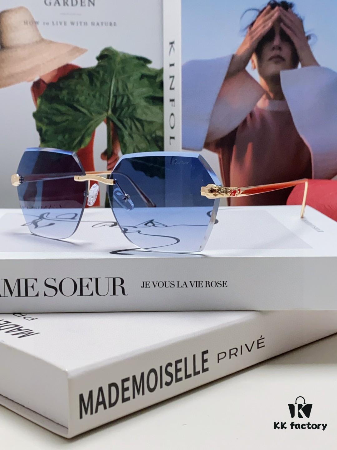 Cartier 2025 New Frameless Sunglasses for Women, Classic Leopard Print Temples, Diamond-Cut Edges, Gradient Lenses, Oversized Luxury Sunglasses