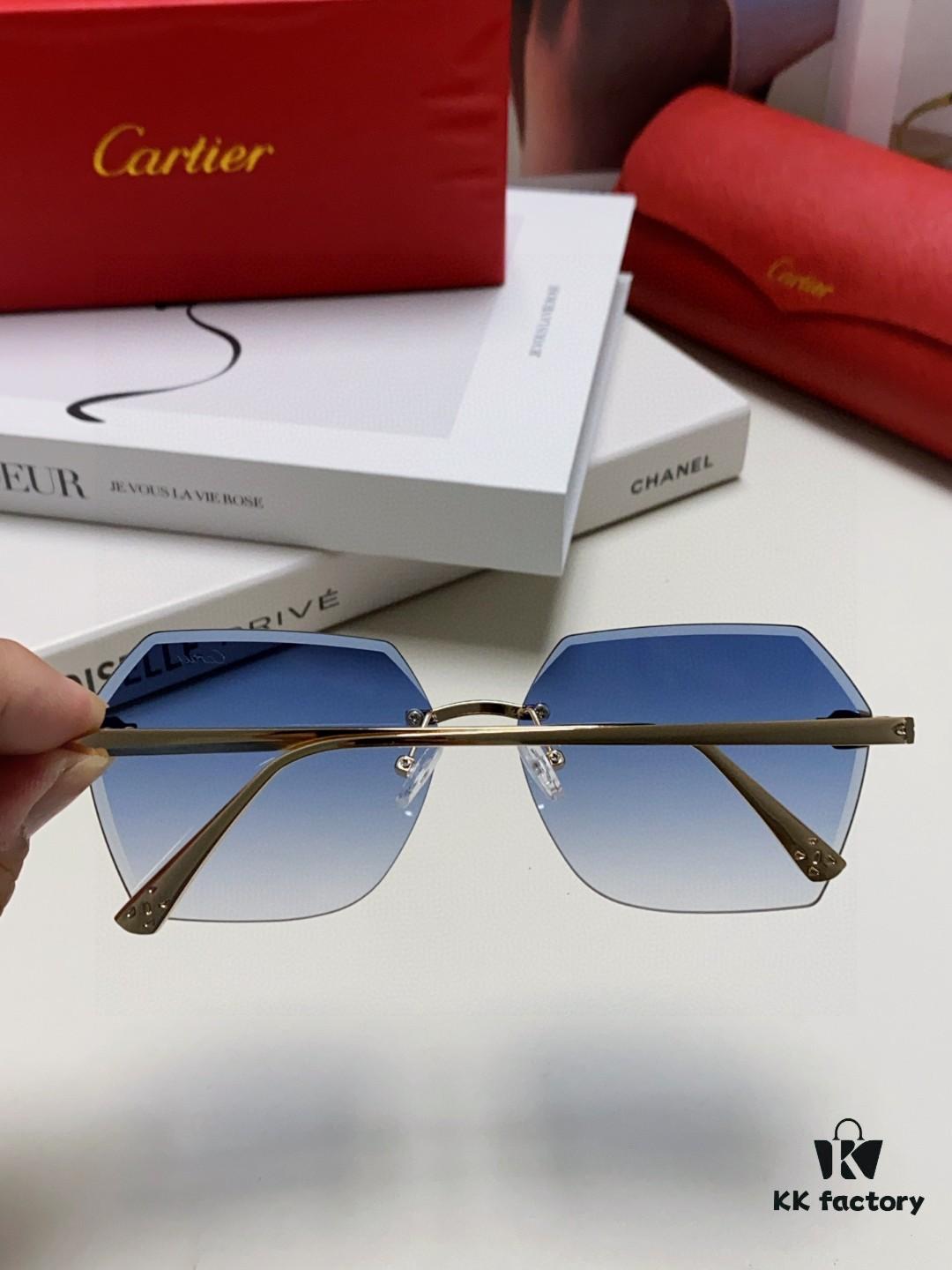 Cartier 2025 New Frameless Sunglasses for Women, Classic Leopard Print Temples, Diamond-Cut Edges, Gradient Lenses, Oversized Luxury Sunglasses