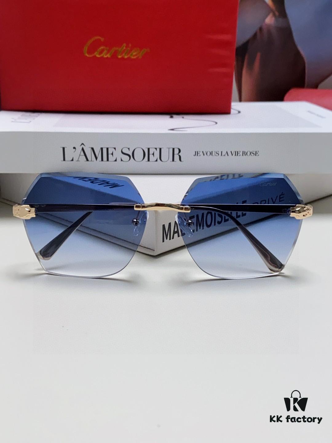 Cartier 2025 New Frameless Sunglasses for Women, Classic Leopard Print Temples, Diamond-Cut Edges, Gradient Lenses, Oversized Luxury Sunglasses