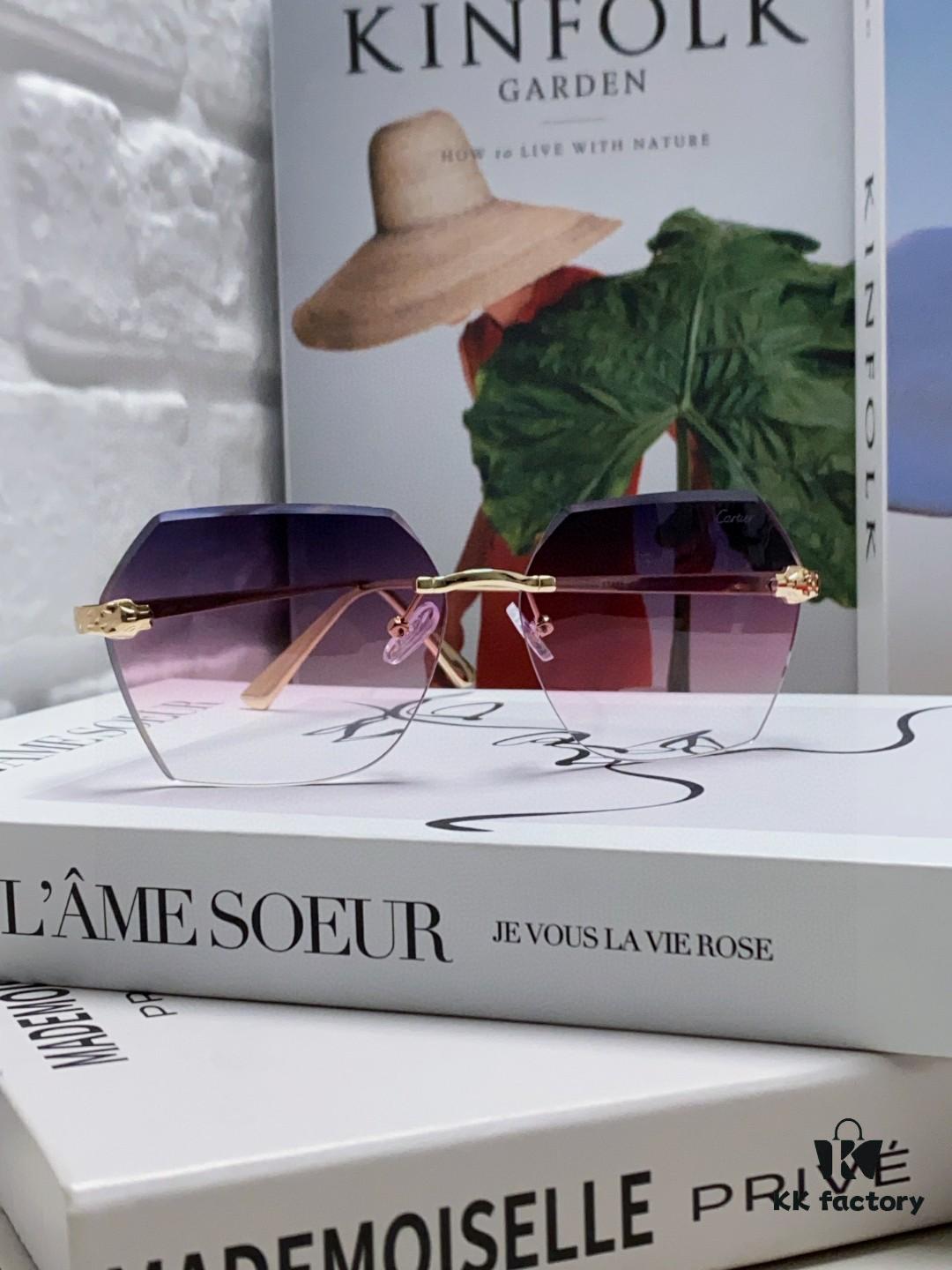 Cartier 2025 New Model Frameless Sunglasses for Women, Classic Leopard Print Temples, Diamond-Cut Edges, Premium Gradient Lenses, Oversized Sunglasses