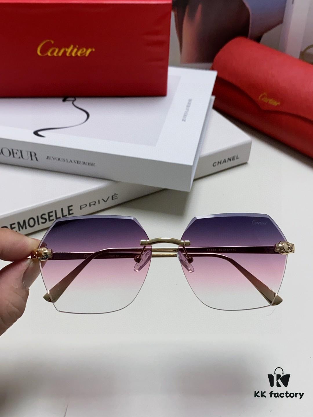 Cartier 2025 New Model Frameless Sunglasses for Women, Classic Leopard Print Temples, Diamond-Cut Edges, Premium Gradient Lenses, Oversized Sunglasses